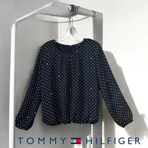 Tommy Hilfiger, Polka-Dot Gathered Neckline Balloon Sleeve  Blouse, Med, Navy